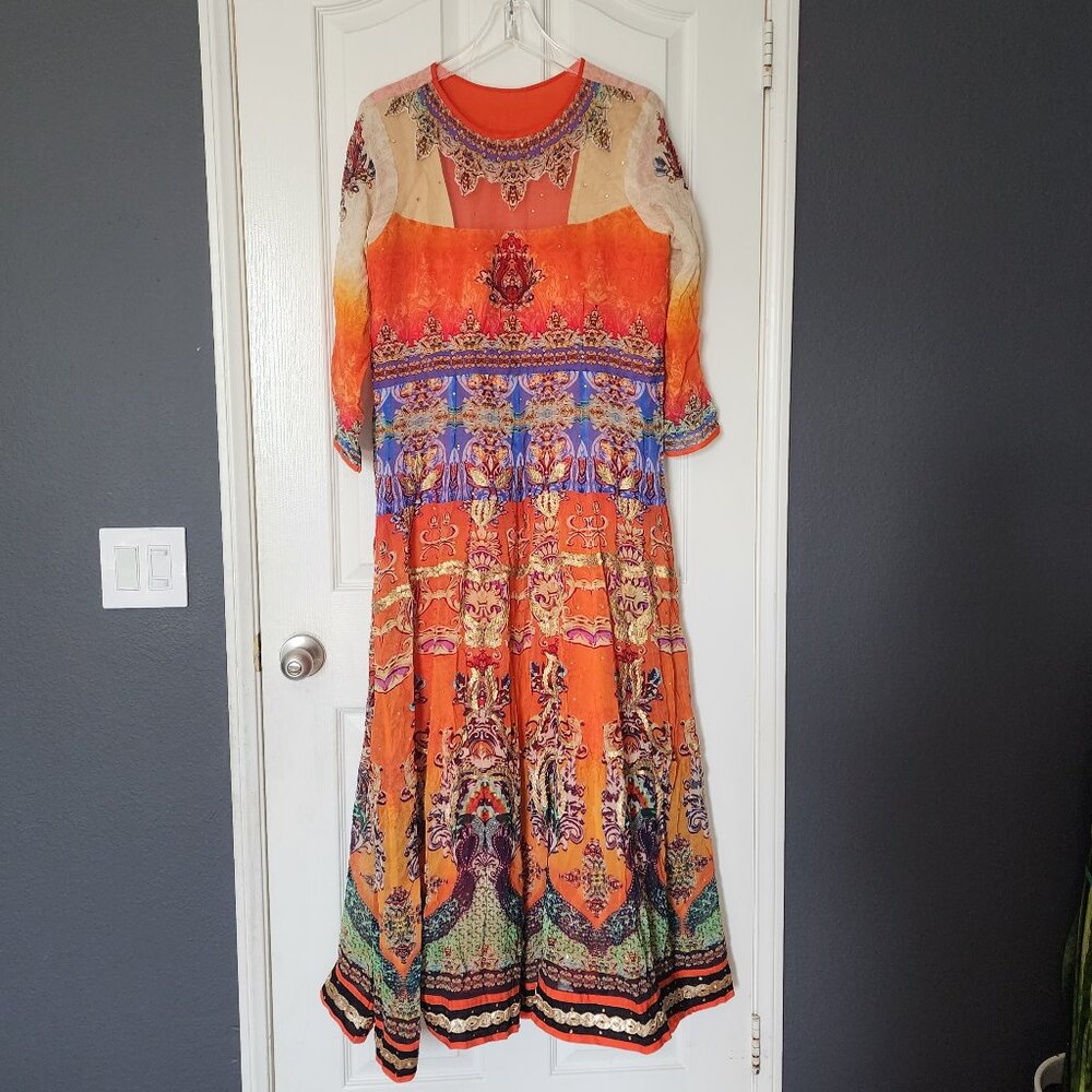 Orange & Multicolor Anarkali Kurta Set with Dupatta – Embellished Festive Outfit